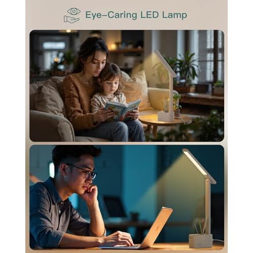 Addtam LED Desk Lamp with Pen Holder, Study Lamps with 3 Outlets 4 USB Charging Ports(2 USBC), 3 Color Modes Desk Light Touch Lamp, Small Desk Lamps for Home Office College Dorm Room Essentials