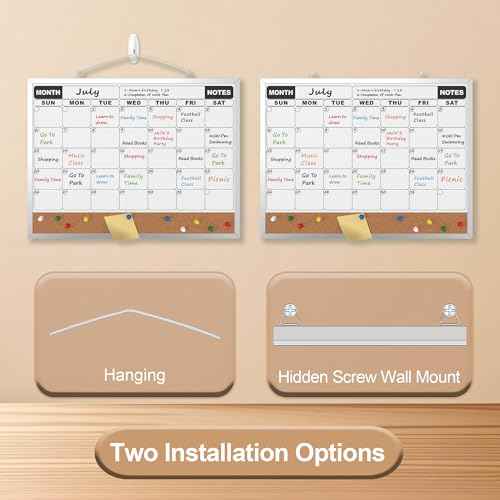 Monthly Calendar Dry Erase Board 16x12 Inch, Double-Sided Whiteboard and Corkboard Combo, Wall Mounted Planner Organizer with Markers, Magnets, Push Pins, Eraser, for Home Office School