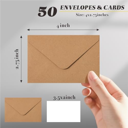 50 Sets Kraft Mini Envelopes with Blank Gift Cards, Business & Note Cards - Wedding Invitation, Graduation, Holiday Pocket Envelopes 4x2.75" Bulk for Party Favors & Scrapbooking
