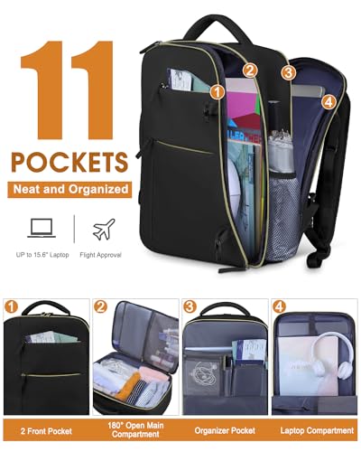 Capolo Travel Backpack Black 15.6 Inch Laptop Approved Personal Item Bag