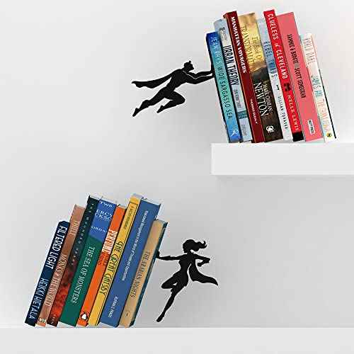 Artori Design Book Ends to Hold Books Heavy Duty Hidden Metal Bookends for Shelves Bookend Book Holder for Home Decorative Gift for Book End Lovers and Home D?cor (Supergal+Book&Hero)