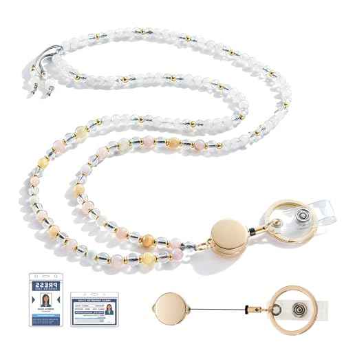 Retractable Lanyards for ID Badges and Keys, Beaded Lanyards for Women Natural Stone, Teacher Lanyard High-Performance Cute Lanyard Morganite