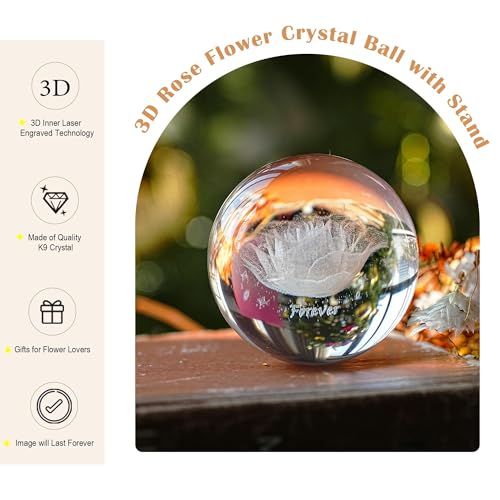 HDCRYSTALGIFTS 60mm Rose 3D Inner Engraved Crystal Ball Paperweight Gift for Women