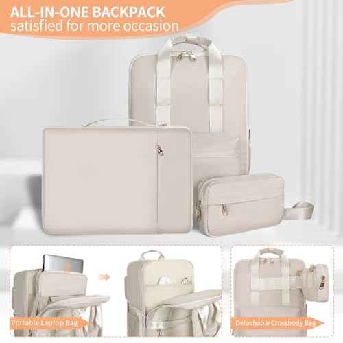 BERTASCHE Travel Backpack for Women with 15.6 inch Laptop Sleeve, 35L Carry On Backpack Flight Approved, Personal Item Travel Bag for Work Business Trip Weekender Expandable Casual Daypack, Beige