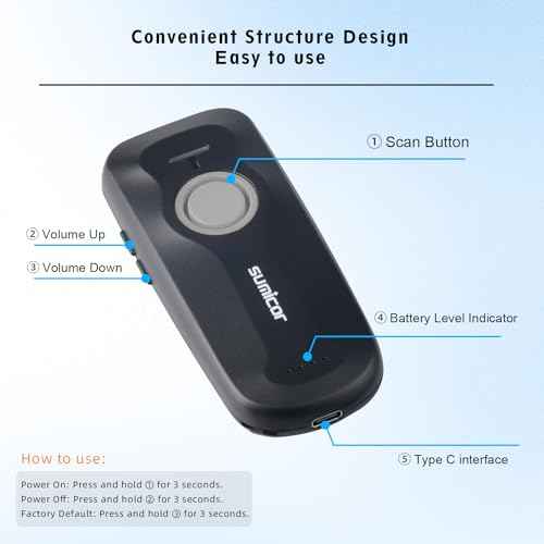 Sumicor Portable 2D Bluetooth Barcode Scanner, 1500mAh Rechargeable Battery with Level Indicator £¦ Volume Keys, 3-in-1 Bluetooth & USB Wired & 2.4G Wireless Mini QR Barcode Scanner