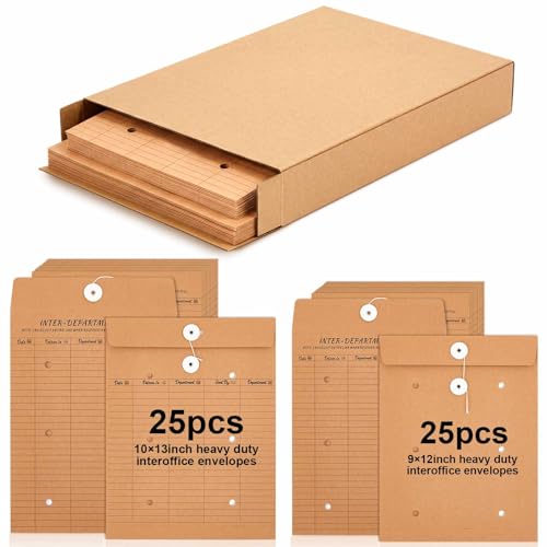 Crtiin 50 Pack Interoffice Envelopes with String Tie, 10x13 & 9x12 Sizes, Bulk Office Mailers