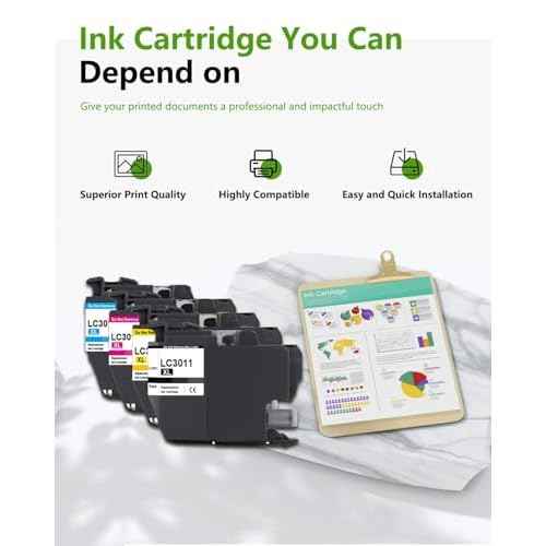 LC3011 XL Ink Cartridges High Yield Replacement for Brother LC3011 LC3011XL Ink Compatible with MFC-J497DW MFC-J491DW MFC-J895DW MFC-J690DW Printer 4-Pack(BK/C/M/Y)