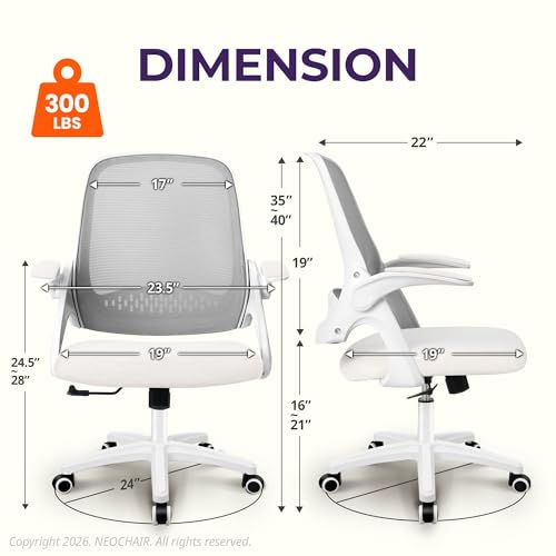 Neo Chair Ivory Mesh Office Desk Chair with Flip-Up Armrests, Ergonomic Support