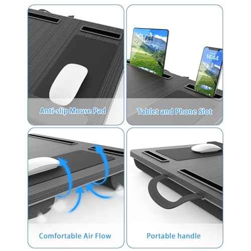 Laptop Lap Desk, Portable Large Laptop Desk for Bed, Up to 17 Inch Lap Pad Tray with Wrist Rest, Mouse Pad, Tablet Phone Slot, Portable Handle, Cushion (Black)