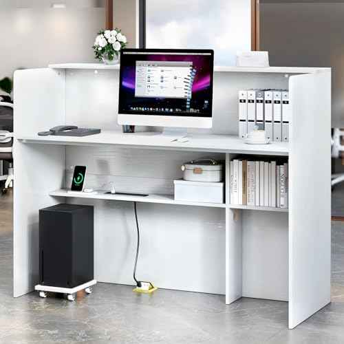 TC-HOMENY Reception Desk with LED Lights, 55'' Retail Counter Modern with Storage Shelves and Cable Grommet, Front Table, Salon Desk, Office Table,White