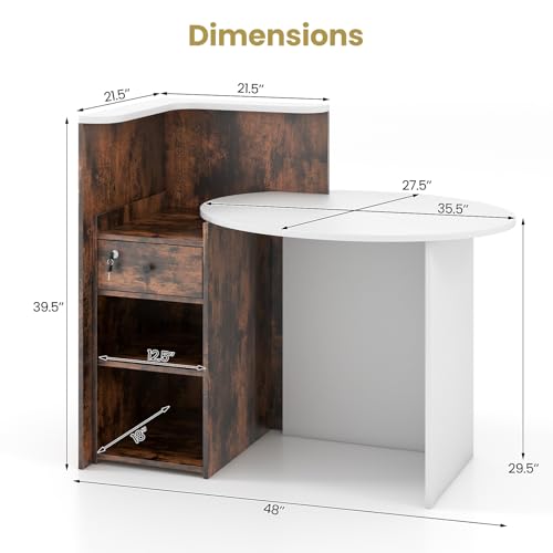 GIANTEX Brown & White Reception Desk with Lockable Drawer & Adjustable Shelves