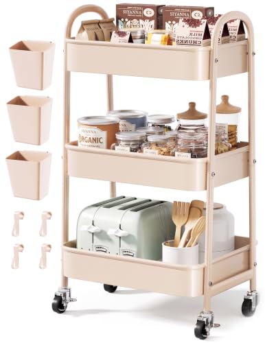 Osivaex Light Beige 3-Tier Metal Rolling Cart with Wheels, Includes Cups & Hooks