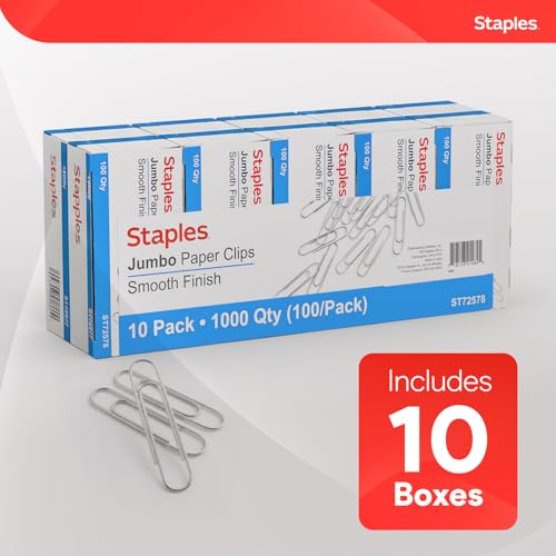 Staples Jumbo Paper Clips, 1,000-Pack - Large Steel, Silver