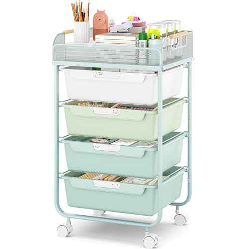 Rolling Utility Storage Cart with 4 Drawers - 4 Tiers Rolling Cart Craft Cart, Storage Drawer Cart Organizer for Craft Room Office Bedroom Classroom with Mesh Top & 4 PCS DIY Lable, Green