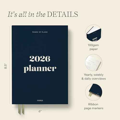 Papier Joy 2026 Year Planner - Navy Blue Hardback | Full Calendar Year | Month View & Week View | Quality Paper | Day Diary Or Organizer For Appointments, Dates, Memos | Personal & Business Use
