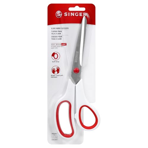 SINGER 8.5 Inch Fabric Scissors with Comfort Grip - Dressmaker Shears, Red & White, 1-Pack