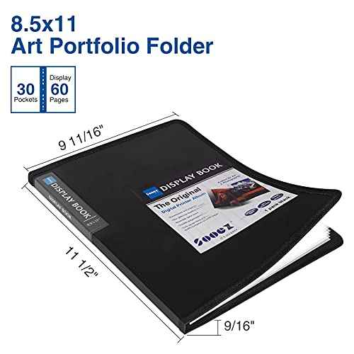 Sooez 30-Pocket Binder with Plastic Sleeves 8.5x11 (Black), Heavy Duty Art Portfolio Folder with Clear Sheet Protectors, Display 60 Pages, Presentation Book for Artwork, Document Organizer Binder