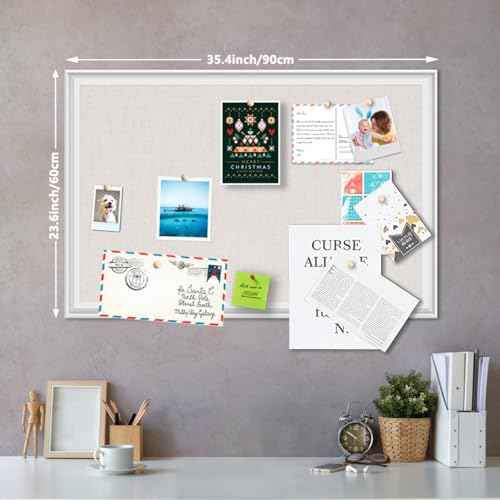 Linen Bulletin Board,Pin Boards for Walls,Fabric Bulletin Board,White Wood Frame Beige Linen,23.6"x35.4",Large Pin Board for Office,Home Kitchen, Vision Cork Board (WH-6090)