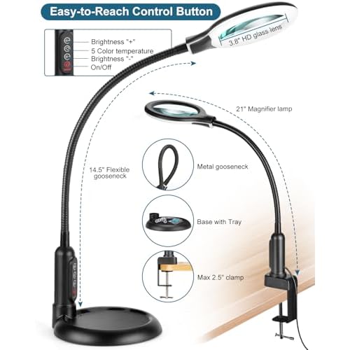 10X Magnifying Glass with Light and Stand, LED 5 Color Modes, Brightness Stepless Dimming Lighted Magnifier Hands Free, Flexible Gooseneck Desk Lamp with Clamp for Close Works, Crafts, Hobby, Painting