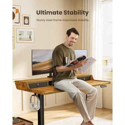 ErGear Electric Standing Desk with Drawers, 48¡È x 24¡È Gaming Table Compatible Monitor Stand, Stand up Desks, Home Office Height-Adjustable Desk with Storage Shelf, 4 Preset Heights, Vintage Brown
