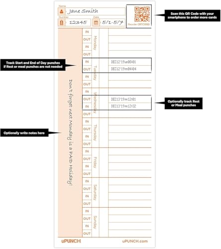 uPunch 100 Time Cards for CR1000 Digital Time Clock and Stamp