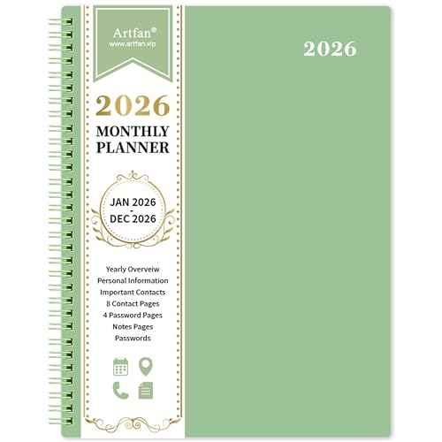 2026 Monthly Planner - 2026 Planner/Calendar, Jan 2026 - DEC 2026, 9" x 11", Thick Paper, Twin-Wire Binding, Monthly Planner with Tabs & Pocket & Label, Green