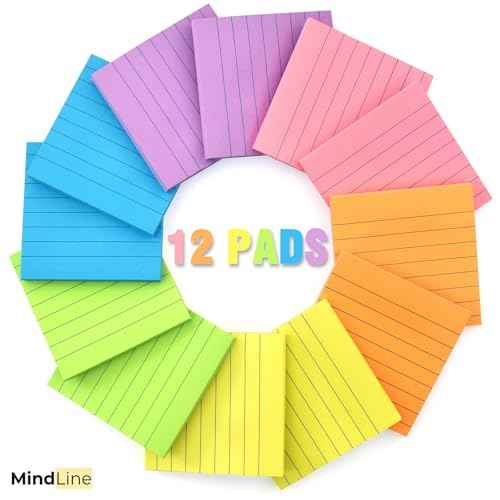 12 Pads Lined Sticky Notes - Self-Stick Notes 3x3 Inches - 6 Bright Colors, Smooth Writing, Smart Adhesive - Bulk Easy Post Notes for Office, School, Study, Home