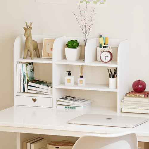 Cute Bookshelves Cute Bookshelf for Desk Kawaii Desk Organizer with Drawer Office Desk Organizers and Accessories Storage Home Decor Display (White)