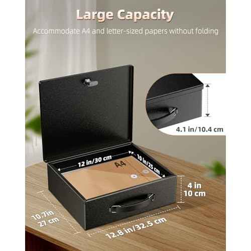 Uniclife Fireproof Document Box with Key Lock & Handle, 13" x 10.9" x 4.1", Large Lock Box for A4 Paper, Water-Resistant Safe Box for Valuables, Passports & Cash, Portable Security Metal Chest
