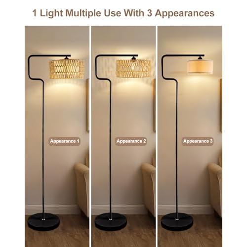 Lightdot 62IN Arc Rattan Floor Lamps for Living Room, Boho Standing Lamp with Rattan& Linen Double Lampshades, E26 3000K Soft Warm White Bohemian Caged Floor Lamp for Bedroom, Office-Black