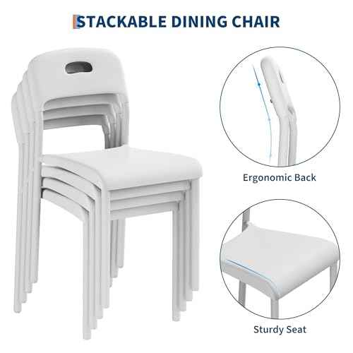 IDEALHOUSE Stackable Dining Chairs Set of 2, Kitchen Chair with Metal Legs and Ergonomic Plastic Seat, Waterproof & Stain-Resistant, Suitable for Outside, Office, Living Room, Easy Assembly, White