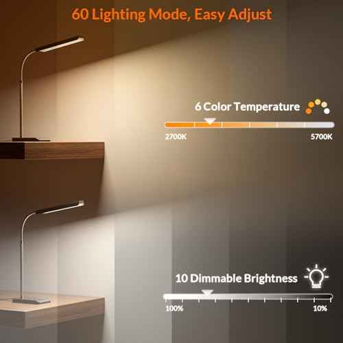 LEPOWER-TEC LED Desk Lamp, 12W Reading Desk Lamp for Office Home with 60 Lighting Modes, Touch Control & Timer Function, 750LM Bright Eye-Caring Gooseneck Desk Light Table Lamp for Study, Work, Silver