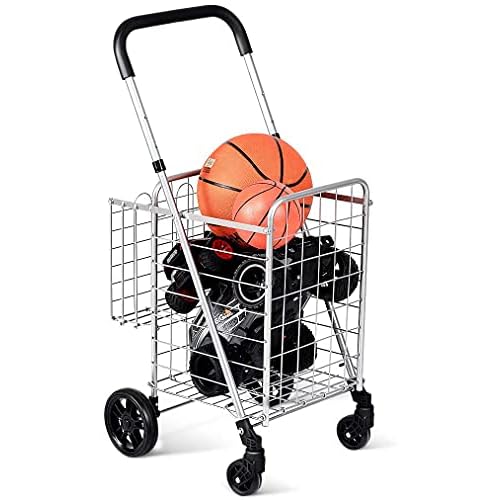 PETSITE Foldable Shopping Cart, Utility Cart Double Basket Cart for Grocery Laundry Travel with Swivel Wheels