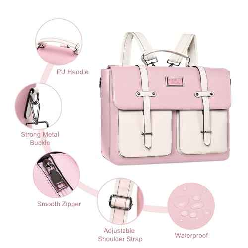 MOSISO Laptop Bag for Women, 15-15.6 inch Laptop Backpack Messenger Shoulder Bag with Front 2 Pockets for Business, Travel, Work, Office, Pink