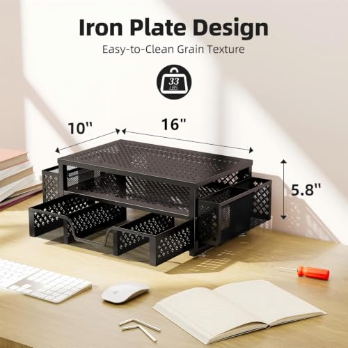 Simple Trending 20" W x 10" D Black Monitor Stand with Drawer & 2-Tier Design