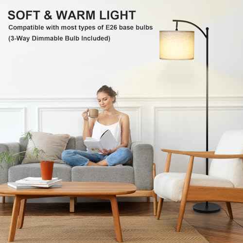 Modern Floor Lamp, 3-Ways Dimmable Standing Lamp with Linen Shade, Adjustable Height, Foot-Step Switch, Reading Lamp for Living Room, Bedroom, Office, 9W Bulb Included (Black)