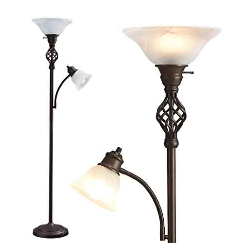 Torchiere Floor Lamp for Living Room, LED Standing Reading Light for Bedroom with Glass Shade for Living Room Corner Bedroom Home Office,Bulbs Included (Red Brown,Glass 2 Head)