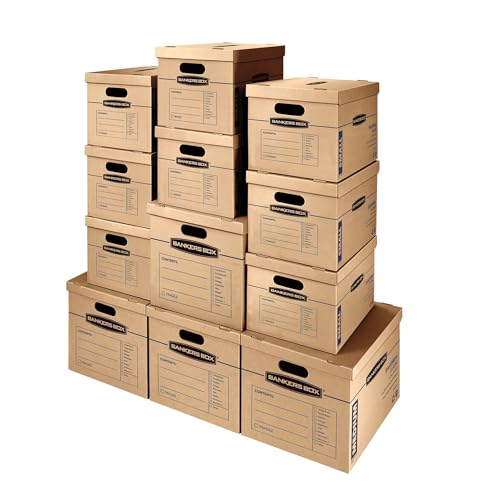 Bankers Box Classic Moving Kit 12 Pack Assorted Small & Medium Boxes with Lids, Reinforced Handles, Tape-Free Assembly