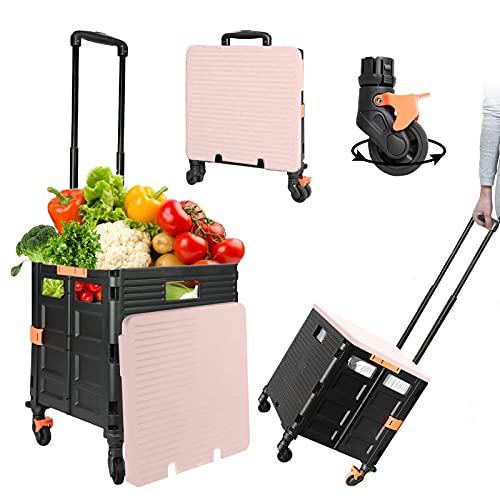 Quick Utility Cart Folding Portable Rolling Crate Handcart with Durable Heavy Duty Plastic Telescoping Handle Collapsible 4 Rotate Wheels for Travel Shopping Moving Luggage Office Use (black&pink lid)
