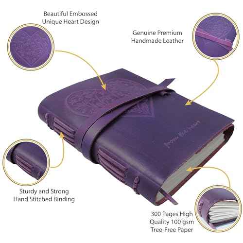 Sovereign-Gear Leather Journal for Women, Handmade Purple Heart Bound Journal with Stylish Pen, Vintage and Classic, A5 Embossed Heart Leather Notebook, 8x6 Unlined Sketchbook