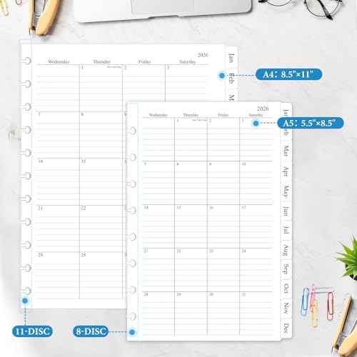 2026 Monthly Planner Refill, A5 Medium Size Planner Inserts for 8-Disc Discbound, 5.5"x8.5", Jan. 2026 - Dec. 2026, 12 Monthly Calendars with Laminated Tabs