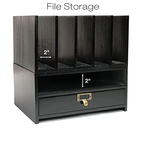 Excello Global Products Wooden Vertical Letter Tray with Drawer: Desktop Organizer for Files, Folders, Binders, Notebooks, Pens, Pencils & Office Supplies (Black)