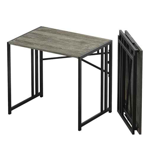 32 inch Small Folding Desk, Writing Gaming Computer Camping Desk for Small Spaces, No Assembly Required Home Office Desk, Black Oak