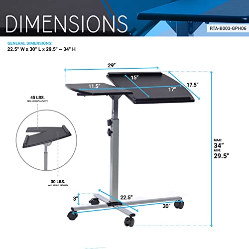 Techni Mobili Laptop Cart with Tilting Top - Adjustable Height Rolling Laptop Stand (Graphite) - Laptop Cart
