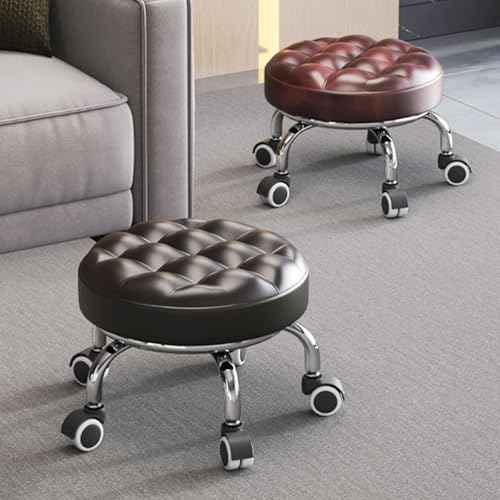 Brown Low Roller Seat 13¡¯¡¯, PU Leather Low Rolling Stool with 5 Rolling Caster Wheels, Low Seat Tool Heavy Duty for Home and Office Use, Modern Comfortable Wheel Stool Chair Low Height, 1Pcs
