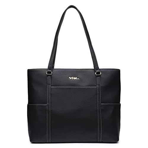 Classic Laptop Leather Tote Bag for 15 15.6 inch Notebook Computers Travel Carrying Bag with Smart Trolley Strap Design - Black