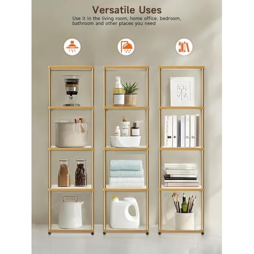 MANBUR Display Shelf with Dimmable LED Floor Lamp, Display Cabinet with Glass Bookcase, Home Decor, Bedroom Decor, Bookshelf with Light, Open Book Shelf with 5-Tier Shelf for Living Room Decor Gold