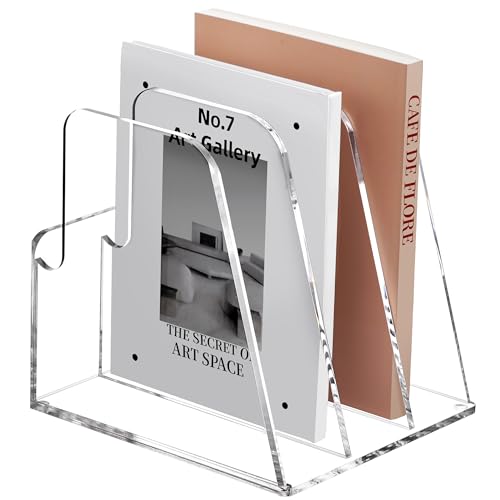 SANRUI Desk Organizer Clear Acrylic Desk Magazine File Holder with 3 Vertical Sections Magazine Rack File Organizer for Office, Home, School