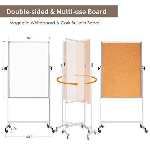 Double Sided Cork Board White Board, 32 x 48 inches Large Cork Board for Office, Height Adjustable Magnetic Dry Erase Board on Wheels, Portable Freestanding Natural Corkboard for Displaying, Planning
