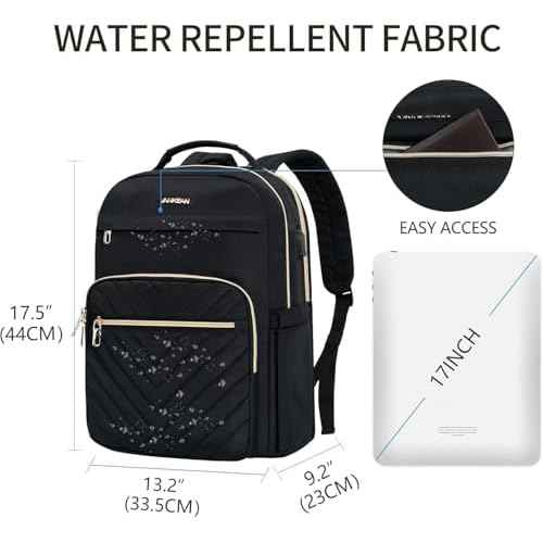 VANKEAN 17.3 Inch Laptop Backpack for Women Men Work Laptop Bag Fashion with USB Port, Waterproof Backpacks Nurse Stylish Travel Bags Casual Daypacks for College, Business, Black